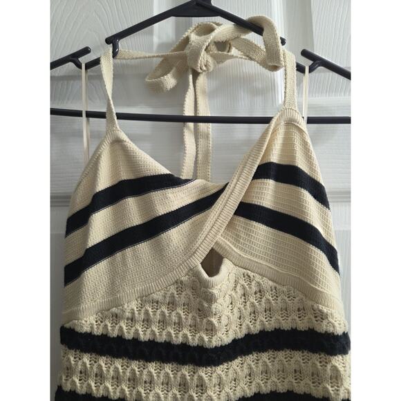 House of Harlow 1960 Crochet Beige Black Stripe Lined Halter Maxi Dress Small - Picture 6 of 12